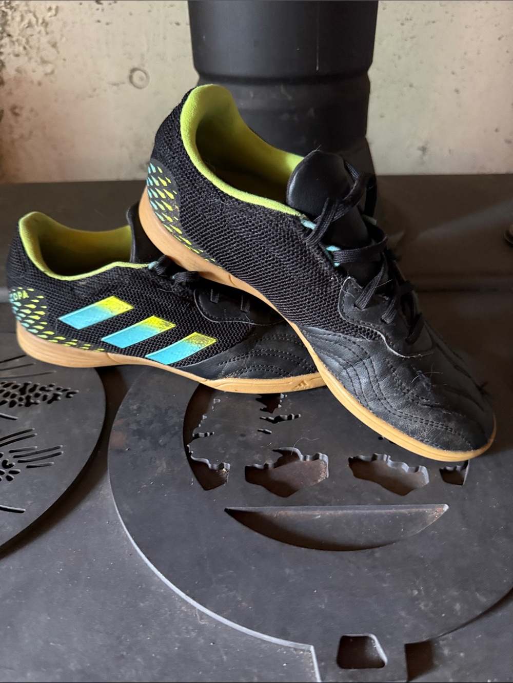 adidas Kids Indoor Soccer Shoes - Black with Blue & Yellow Accents